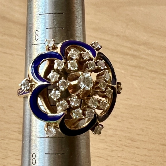 VINTAGE 14K YELLOW GOLD DIAMOND COBALT BLUE ENAMEL RING STATEMENT CUSTOM MADE - Picture 15 of 16